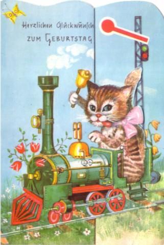 Geburtstagskarte Katze auf Lok